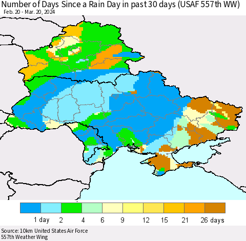 Ukraine, Moldova and Belarus Number of Days Since a Rain Day in past 30 days (USAF 557th WW) Thematic Map For 3/16/2024 - 3/20/2024