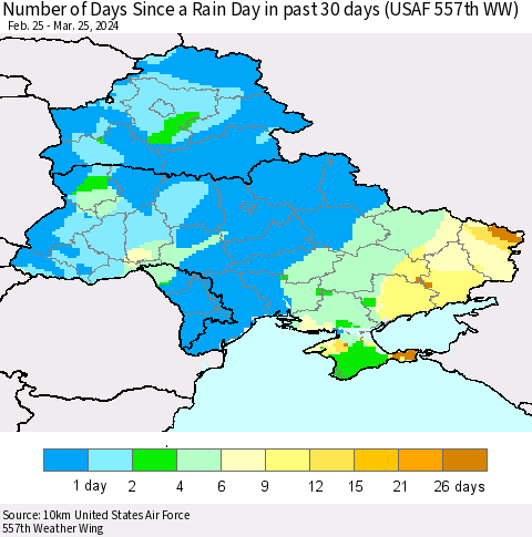 Ukraine, Moldova and Belarus Number of Days Since a Rain Day in past 30 days (USAF 557th WW) Thematic Map For 3/21/2024 - 3/25/2024