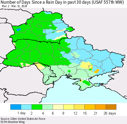 Ukraine, Moldova and Belarus Number of Days Since a Rain Day in past 30 days (USAF 557th WW) Thematic Map For 3/26/2024 - 3/31/2024