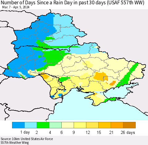 Ukraine, Moldova and Belarus Number of Days Since a Rain Day in past 30 days (USAF 557th WW) Thematic Map For 4/1/2024 - 4/5/2024