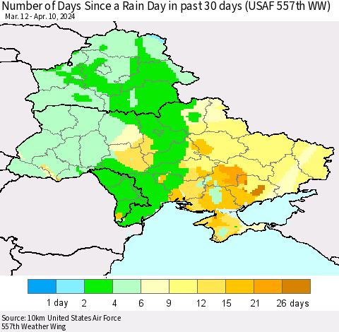 Ukraine, Moldova and Belarus Number of Days Since a Rain Day in past 30 days (USAF 557th WW) Thematic Map For 4/6/2024 - 4/10/2024