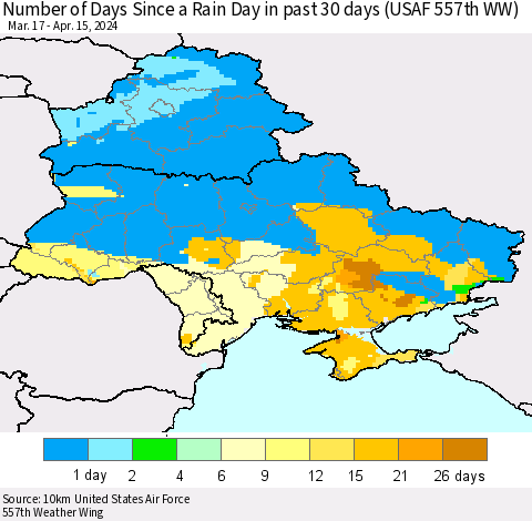 Ukraine, Moldova and Belarus Number of Days Since a Rain Day in past 30 days (USAF 557th WW) Thematic Map For 4/11/2024 - 4/15/2024