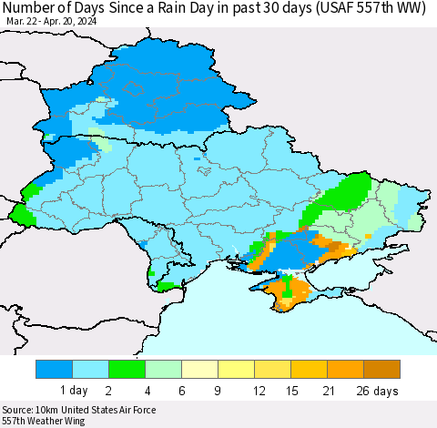 Ukraine, Moldova and Belarus Number of Days Since a Rain Day in past 30 days (USAF 557th WW) Thematic Map For 4/16/2024 - 4/20/2024