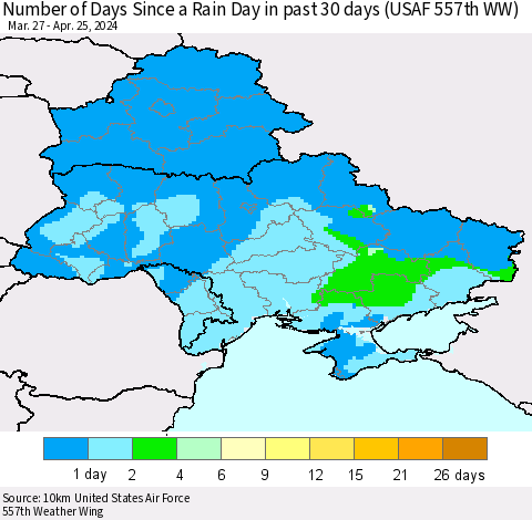 Ukraine, Moldova and Belarus Number of Days Since a Rain Day in past 30 days (USAF 557th WW) Thematic Map For 4/21/2024 - 4/25/2024