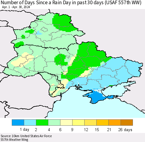 Ukraine, Moldova and Belarus Number of Days Since a Rain Day in past 30 days (USAF 557th WW) Thematic Map For 4/26/2024 - 4/30/2024