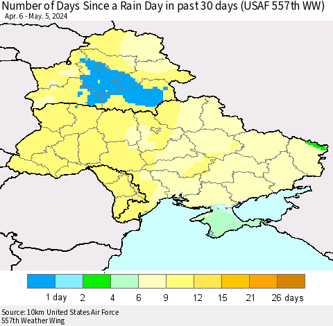 Ukraine, Moldova and Belarus Number of Days Since a Rain Day in past 30 days (USAF 557th WW) Thematic Map For 5/1/2024 - 5/5/2024