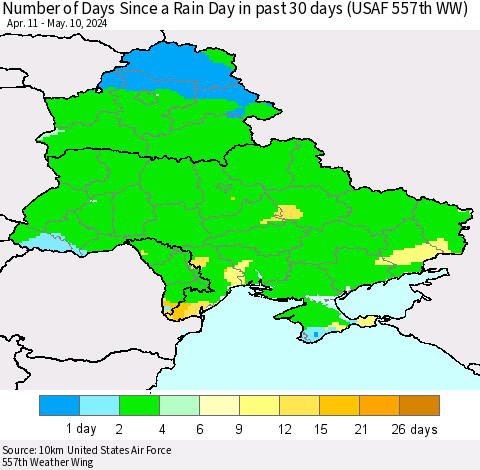 Ukraine, Moldova and Belarus Number of Days Since a Rain Day in past 30 days (USAF 557th WW) Thematic Map For 5/6/2024 - 5/10/2024