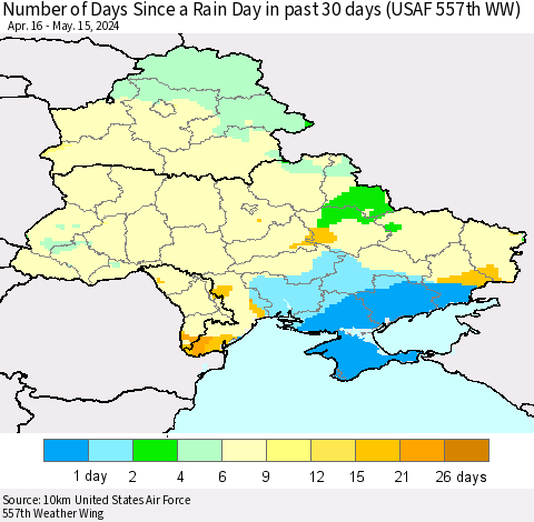 Ukraine, Moldova and Belarus Number of Days Since a Rain Day in past 30 days (USAF 557th WW) Thematic Map For 5/11/2024 - 5/15/2024