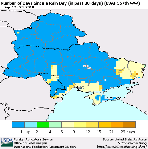 Ukraine, Moldova and Belarus Number of Days Since a Rain Day in past 30 days (USAF 557th WW) Thematic Map For 9/17/2018 - 9/23/2018