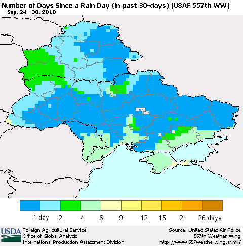 Ukraine, Moldova and Belarus Number of Days Since a Rain Day in past 30 days (USAF 557th WW) Thematic Map For 9/24/2018 - 9/30/2018