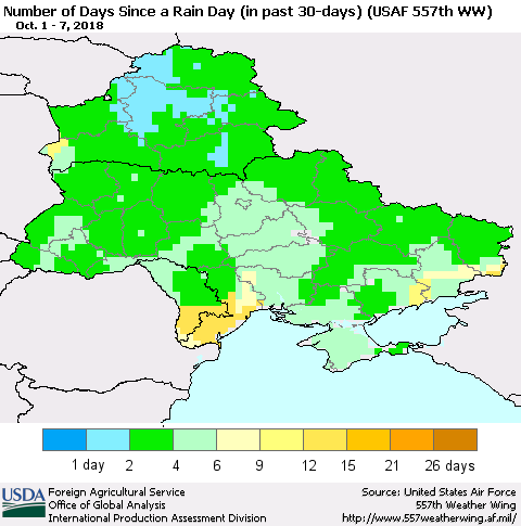 Ukraine, Moldova and Belarus Number of Days Since a Rain Day in past 30 days (USAF 557th WW) Thematic Map For 10/1/2018 - 10/7/2018