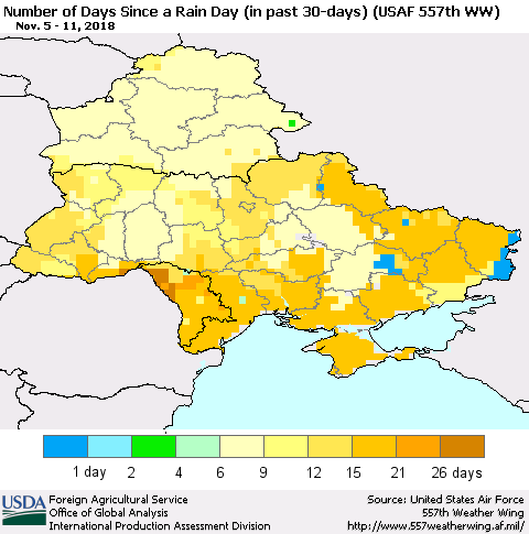 Ukraine, Moldova and Belarus Number of Days Since a Rain Day in past 30 days (USAF 557th WW) Thematic Map For 11/5/2018 - 11/11/2018