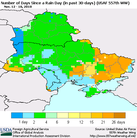 Ukraine, Moldova and Belarus Number of Days Since a Rain Day in past 30 days (USAF 557th WW) Thematic Map For 11/12/2018 - 11/18/2018