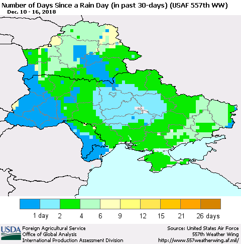 Ukraine, Moldova and Belarus Number of Days Since a Rain Day in past 30 days (USAF 557th WW) Thematic Map For 12/10/2018 - 12/16/2018