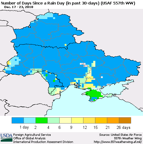 Ukraine, Moldova and Belarus Number of Days Since a Rain Day in past 30 days (USAF 557th WW) Thematic Map For 12/17/2018 - 12/23/2018