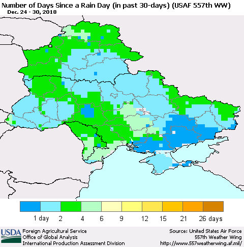 Ukraine, Moldova and Belarus Number of Days Since a Rain Day in past 30 days (USAF 557th WW) Thematic Map For 12/24/2018 - 12/30/2018