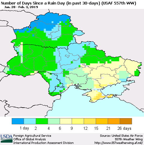 Ukraine, Moldova and Belarus Number of Days Since a Rain Day in past 30 days (USAF 557th WW) Thematic Map For 1/28/2019 - 2/3/2019
