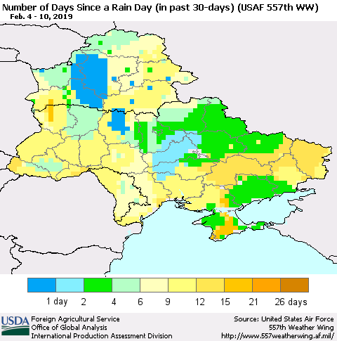 Ukraine, Moldova and Belarus Number of Days Since a Rain Day in past 30 days (USAF 557th WW) Thematic Map For 2/4/2019 - 2/10/2019