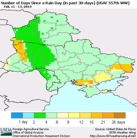Ukraine, Moldova and Belarus Number of Days Since a Rain Day in past 30 days (USAF 557th WW) Thematic Map For 2/11/2019 - 2/17/2019