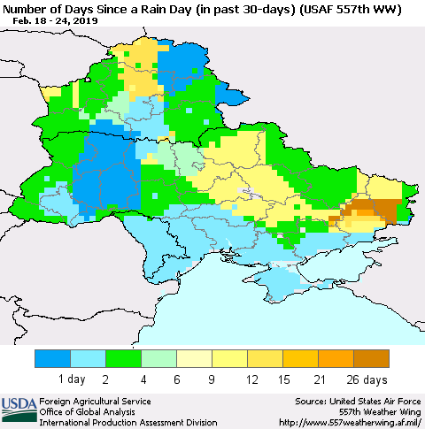 Ukraine, Moldova and Belarus Number of Days Since a Rain Day in past 30 days (USAF 557th WW) Thematic Map For 2/18/2019 - 2/24/2019