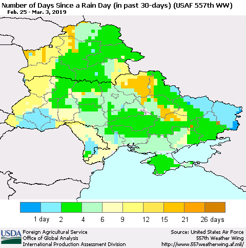 Ukraine, Moldova and Belarus Number of Days Since a Rain Day in past 30 days (USAF 557th WW) Thematic Map For 2/25/2019 - 3/3/2019