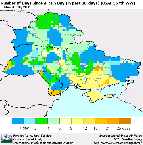 Ukraine, Moldova and Belarus Number of Days Since a Rain Day in past 30 days (USAF 557th WW) Thematic Map For 3/4/2019 - 3/10/2019