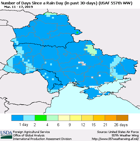 Ukraine, Moldova and Belarus Number of Days Since a Rain Day in past 30 days (USAF 557th WW) Thematic Map For 3/11/2019 - 3/17/2019
