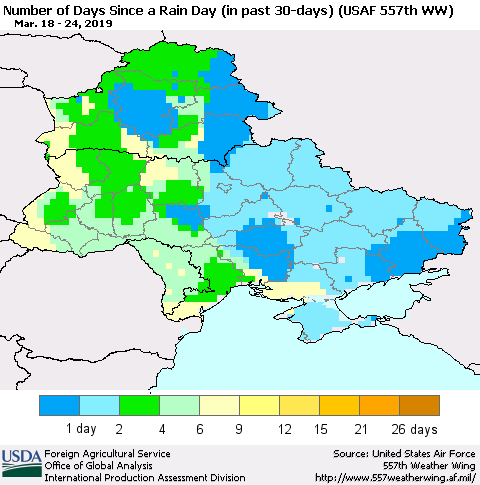Ukraine, Moldova and Belarus Number of Days Since a Rain Day in past 30 days (USAF 557th WW) Thematic Map For 3/18/2019 - 3/24/2019