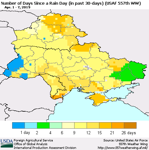 Ukraine, Moldova and Belarus Number of Days Since a Rain Day in past 30 days (USAF 557th WW) Thematic Map For 4/1/2019 - 4/7/2019