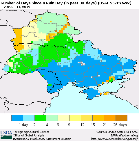 Ukraine, Moldova and Belarus Number of Days Since a Rain Day in past 30 days (USAF 557th WW) Thematic Map For 4/8/2019 - 4/14/2019