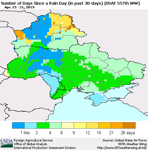 Ukraine, Moldova and Belarus Number of Days Since a Rain Day in past 30 days (USAF 557th WW) Thematic Map For 4/15/2019 - 4/21/2019