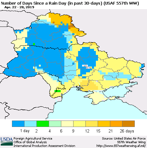 Ukraine, Moldova and Belarus Number of Days Since a Rain Day in past 30 days (USAF 557th WW) Thematic Map For 4/22/2019 - 4/28/2019