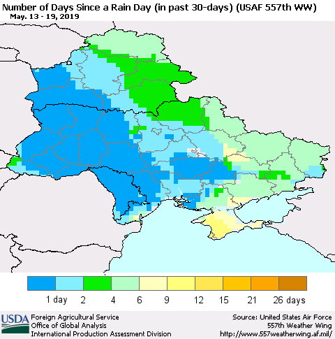 Ukraine, Moldova and Belarus Number of Days Since a Rain Day in past 30 days (USAF 557th WW) Thematic Map For 5/13/2019 - 5/19/2019