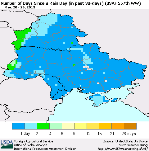 Ukraine, Moldova and Belarus Number of Days Since a Rain Day in past 30 days (USAF 557th WW) Thematic Map For 5/20/2019 - 5/26/2019