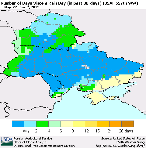Ukraine, Moldova and Belarus Number of Days Since a Rain Day in past 30 days (USAF 557th WW) Thematic Map For 5/27/2019 - 6/2/2019