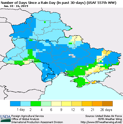 Ukraine, Moldova and Belarus Number of Days Since a Rain Day in past 30 days (USAF 557th WW) Thematic Map For 6/10/2019 - 6/16/2019