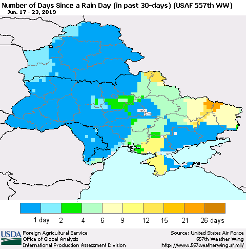 Ukraine, Moldova and Belarus Number of Days Since a Rain Day in past 30 days (USAF 557th WW) Thematic Map For 6/17/2019 - 6/23/2019