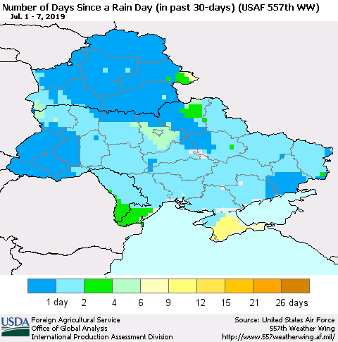 Ukraine, Moldova and Belarus Number of Days Since a Rain Day in past 30 days (USAF 557th WW) Thematic Map For 7/1/2019 - 7/7/2019