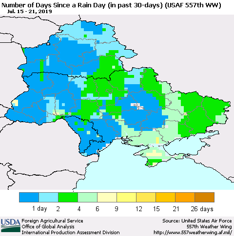 Ukraine, Moldova and Belarus Number of Days Since a Rain Day in past 30 days (USAF 557th WW) Thematic Map For 7/15/2019 - 7/21/2019