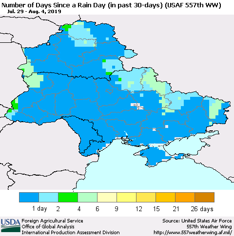 Ukraine, Moldova and Belarus Number of Days Since a Rain Day in past 30 days (USAF 557th WW) Thematic Map For 7/29/2019 - 8/4/2019