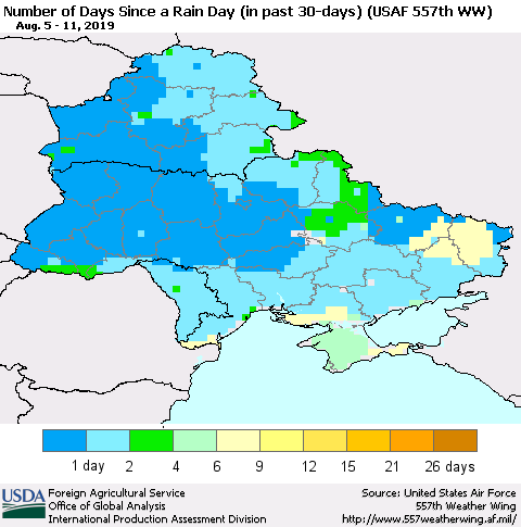 Ukraine, Moldova and Belarus Number of Days Since a Rain Day in past 30 days (USAF 557th WW) Thematic Map For 8/5/2019 - 8/11/2019