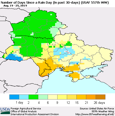 Ukraine, Moldova and Belarus Number of Days Since a Rain Day in past 30 days (USAF 557th WW) Thematic Map For 8/19/2019 - 8/25/2019