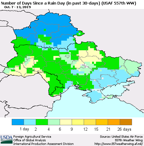 Ukraine, Moldova and Belarus Number of Days Since a Rain Day in past 30 days (USAF 557th WW) Thematic Map For 10/7/2019 - 10/13/2019