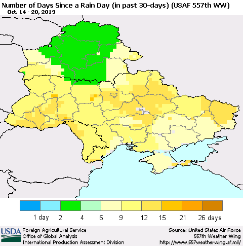 Ukraine, Moldova and Belarus Number of Days Since a Rain Day in past 30 days (USAF 557th WW) Thematic Map For 10/14/2019 - 10/20/2019