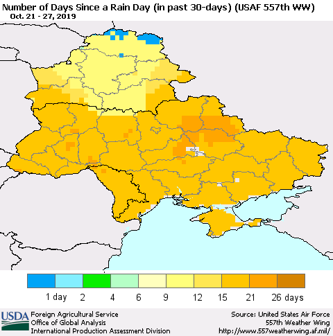 Ukraine, Moldova and Belarus Number of Days Since a Rain Day in past 30 days (USAF 557th WW) Thematic Map For 10/21/2019 - 10/27/2019
