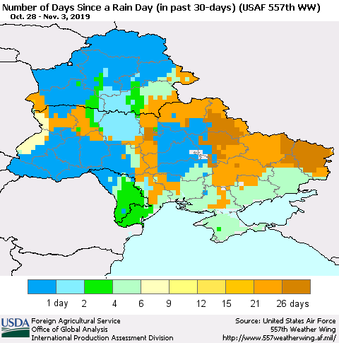 Ukraine, Moldova and Belarus Number of Days Since a Rain Day in past 30 days (USAF 557th WW) Thematic Map For 10/28/2019 - 11/3/2019