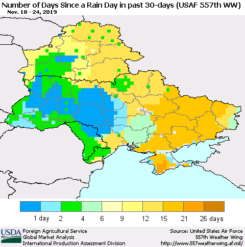 Ukraine, Moldova and Belarus Number of Days Since a Rain Day in past 30 days (USAF 557th WW) Thematic Map For 11/18/2019 - 11/24/2019