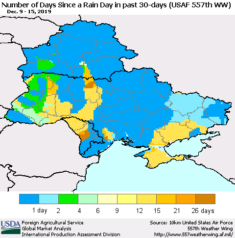 Ukraine, Moldova and Belarus Number of Days Since a Rain Day in past 30 days (USAF 557th WW) Thematic Map For 12/9/2019 - 12/15/2019
