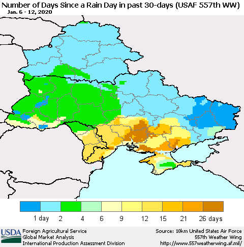 Ukraine, Moldova and Belarus Number of Days Since a Rain Day in past 30 days (USAF 557th WW) Thematic Map For 1/6/2020 - 1/12/2020