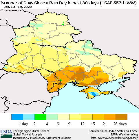 Ukraine, Moldova and Belarus Number of Days Since a Rain Day in past 30 days (USAF 557th WW) Thematic Map For 1/13/2020 - 1/19/2020